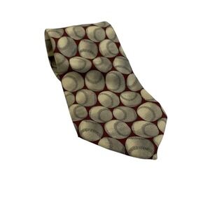 Lands End VTG Baseball Tie Regular Burgundy Cream 100% Silk Novelty USA Made